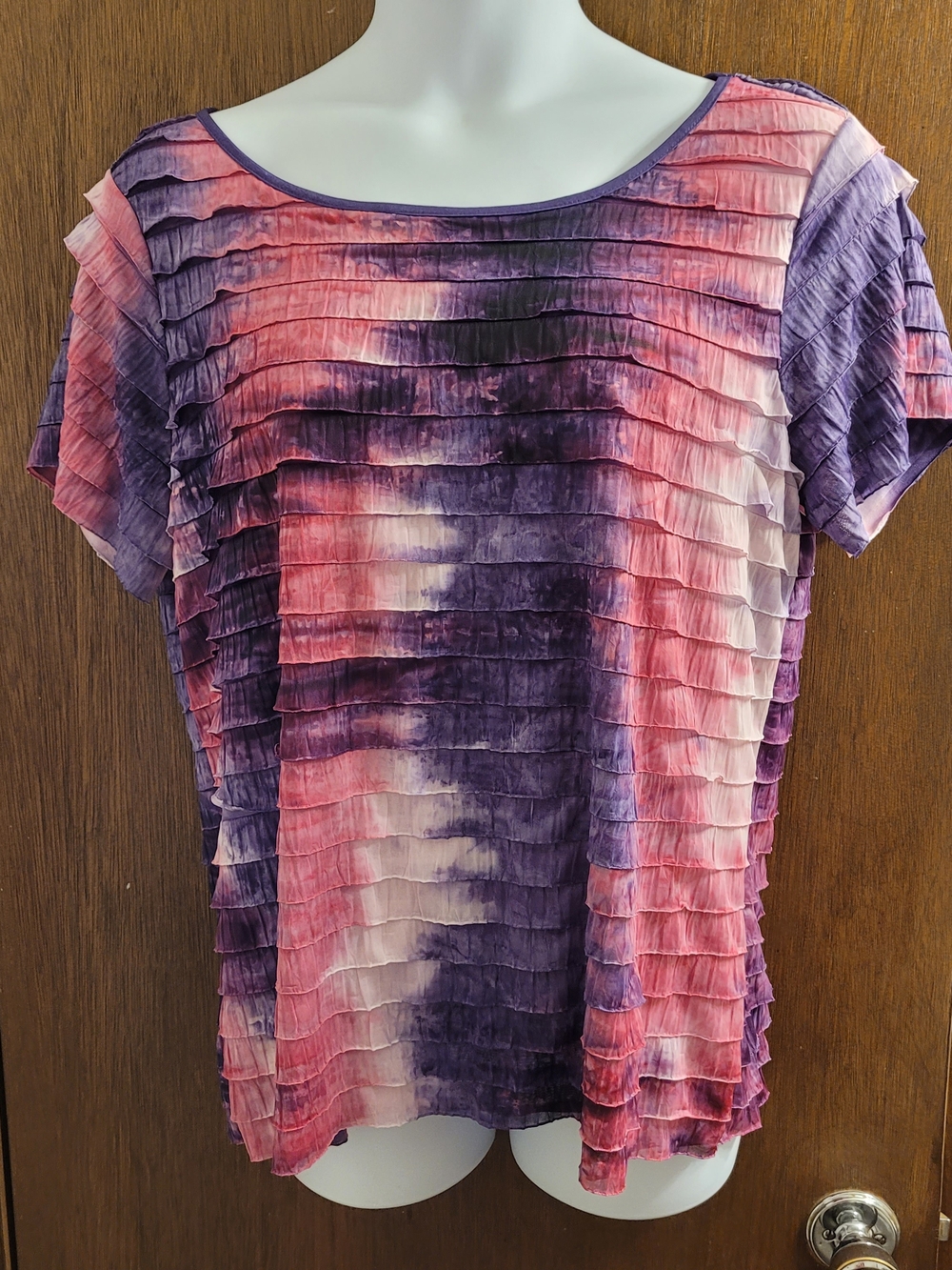 George Womens Top Shirt Purple Pink Tie-Dye Short Sleeve Tiered Ruffles Flowy 2X
